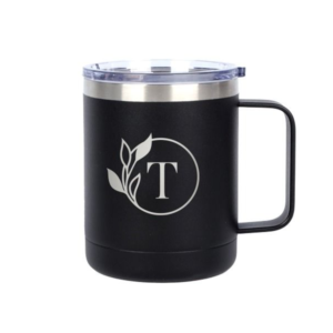 A Black 10oz Coffee Cup with silver Engraved design