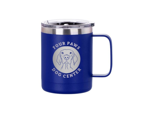 Image of a Blue 10oz Coffee Cup with silver Engraved design