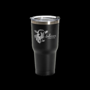 A black 30oz tumbler with engraved design