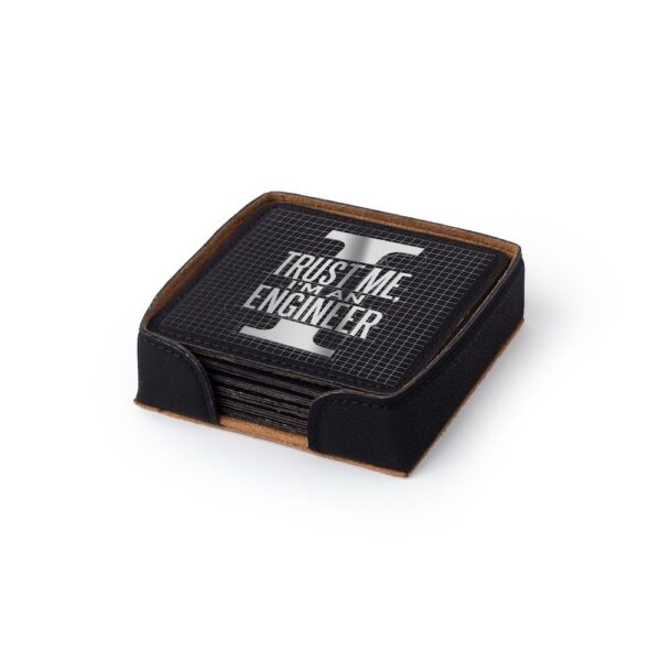 Close view of saddle leather drink coasters black color with engraved design